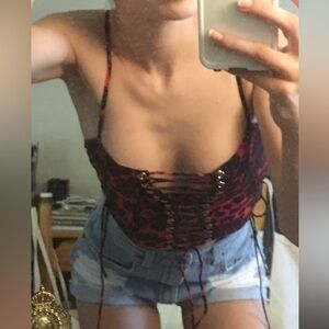 Animal Print Lace Up Zip Up Tank Top size XS Millau